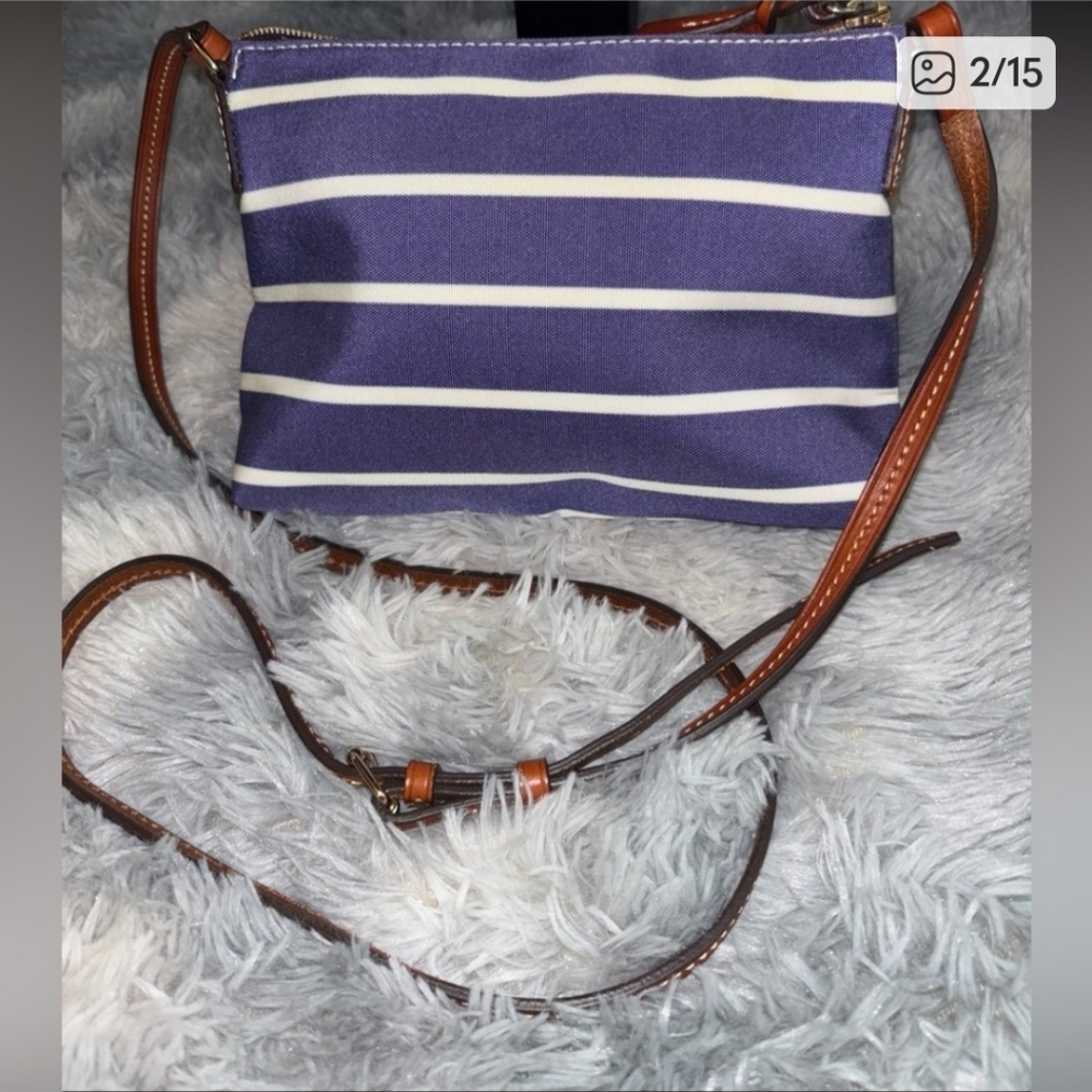Dooney & Bourke Bluish Purple and White Striped Crossbody W/Adjustable Strap - Picture 2 of 11